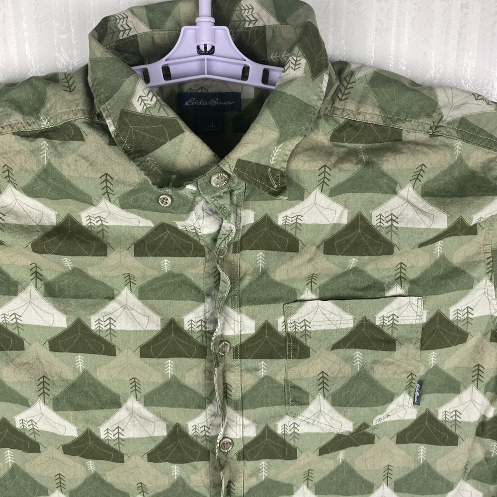 Eddie Bauer Mens Green Short Sleeve Baja Tent Print Button Down Shirt Size L - Picture 3 of 16